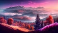 Wide angle panorama autumn forest,misty hills mountain tops in pink dawn