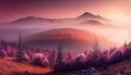 Wide angle panorama autumn forest,misty hills mountain tops in pink dawn