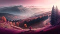 Wide angle panorama autumn forest,misty hills mountain tops in pink dawn