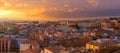 Wide angle panorama of Cagliari old city center during the sunset, Italy
