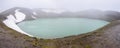 Wide-angle panorama of Crater Viti at Krafla, Iceland at cold foggy weather with snow