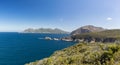 Wide angle panorama of Freycinet peninsula seen from Cape Tourville.