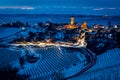 Wide angle panorama of Langhe hills near Treiso in winter