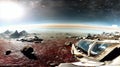 Panoramic view of a futuristic space colony on a red alien planet under a bright sun and distant mountains Royalty Free Stock Photo