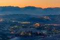 Wide angle panoramic view of Langhe Region in winter during blue