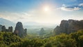 Wide angle panoramic view of Meteora mountains Royalty Free Stock Photo
