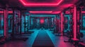 A wide angle photograph captures the interior of an empty modern gym room, complete with an array of weights, bars, and