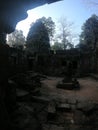Wide angle picture of temple ruins of angkor wat, with court place in cambodia