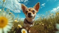 Wide Angle Portrait of Chihuahua Dog in Field of Flowers extreme closeup. Generative AI Royalty Free Stock Photo