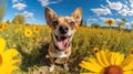 Wide Angle Portrait of Chihuahua Dog in Field of Flowers extreme closeup. Generative AI Royalty Free Stock Photo