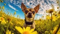 Wide Angle Portrait of Chihuahua Dog in Field of Flowers extreme closeup. Generative AI Royalty Free Stock Photo