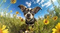 Wide Angle Portrait of Chihuahua Dog in Field of Flowers extreme closeup. Generative AI Royalty Free Stock Photo