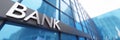 Wide angle rendering of modern bank sign, glass office building. Shallow depth of field. 3D render.