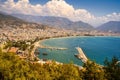 Wide angle shot of alanya cityscape view, landscape with port located in Turkey