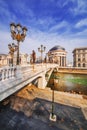 A wide angle shot of the art bridge in Skopje in the early morning light Royalty Free Stock Photo