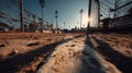 Wide Angle Shot of a Baseball Field at Sunset with Fence and Shadows Royalty Free Stock Photo