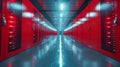Wide-angle shot captures the length of a data center corridor, emphasizing the scale and complexit Royalty Free Stock Photo