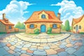 wide-angle shot of a circular cobblestone driveway of a french country house, magazine style illustration