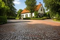 wide-angle shot of a circular cobblestone driveway of a french country house