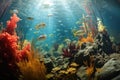 a wide-angle shot of different species coexisting in a lake ecosystem