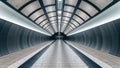 Wide-angle shot of empty futuristic corridor in subway station