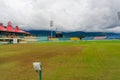 Wide angle shot of the famed dharamshala cricket stadium the worlds highest altitude stadium a tourism hotspot and