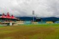 Wide angle shot of the famed dharamshala cricket stadium the worlds highest altitude stadium a tourism hotspot and landmark