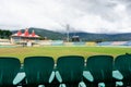 Wide angle shot of the famed dharamshala cricket stadium the worlds highest altitude stadium a tourism hotspot and landmark