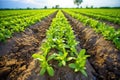 wide-angle shot of a field of young citrus seedlings