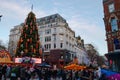 Wide angle of the giant Christmas tree feature at the German Christmas market in Birmingham