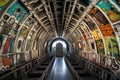 wide-angle shot of graffiti-covered airplane fuselage