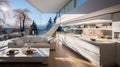 Wide angle shot of a modern bright futuristic living room with sliding windows overlooking the winter landscape outside