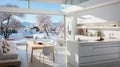 Wide angle shot of a modern bright futuristic living room with sliding windows overlooking the winter landscape outside