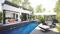 Wide-Angle Shot of Modern House Exterior Pool Side. Mid-Century Architecture Design Idea of Swimming Pool and Landscaping. Royalty Free Stock Photo