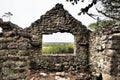 Wide-angle shot of old ruins of a stone lodge with a look to the forest and the sky Royalty Free Stock Photo