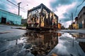 wide-angle shot of overflowing dumpster in urban area