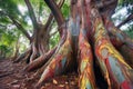 wide-angle shot of a rainbow eucalyptus trees colorful bark Royalty Free Stock Photo