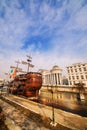 A wide angle shot of the riverside Galleon and Archaeological Museum of Macedonia in Skopje