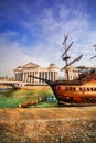 A wide angle shot of the riverside Galleon and Archaeological Museum of Macedonia in Skopje