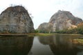 Wide angle shot of rocky mountain of khao Ngu Stone Park , Ratchaburi , Thailand. Royalty Free Stock Photo