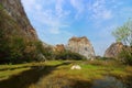 Wide angle shot of rocky mountain of khao Ngu Stone Park , Ratchaburi , Thailand. Royalty Free Stock Photo