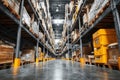 Wide-angle shot showcases the meticulous organization and density of a large warehouse, emphasizing the ample storage, stacked Royalty Free Stock Photo