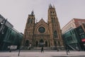 Wide angle shot of the street and Saint James United Church