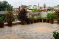 A Wide Angle Shot Of A Terrace Garden With Flower Pots. A Balcony With Flower Pots