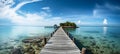 Wooden bridge stretching across the sea to the island. Generative Ai. Royalty Free Stock Photo