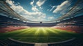 Wide angle of soccer stadium grass and empty playground. Crowdy tribunes with fans waiting teams. Illustration. AI Generative. Royalty Free Stock Photo