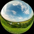 Wide angle spherical panorama view of a river valley with a meadow and trees on a summer day. Circular fisheye lens