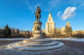 Wide angle sunny view of Mikhailo Lomonosov monument of Moscow State University as written on the bronze title Royalty Free Stock Photo