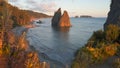 Wide angle sunset clip of split rock at rialto beach Royalty Free Stock Photo