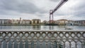 Wide angle of suspension bridge over fence Royalty Free Stock Photo